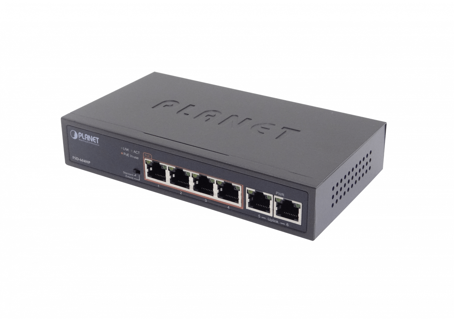 201902 FSD-604HP FSD-604HP. PLANET 6-100(4-PoE+af/at) Extend-250mt 60W-tot Switch no-Admin no-Rack - Imagen 1