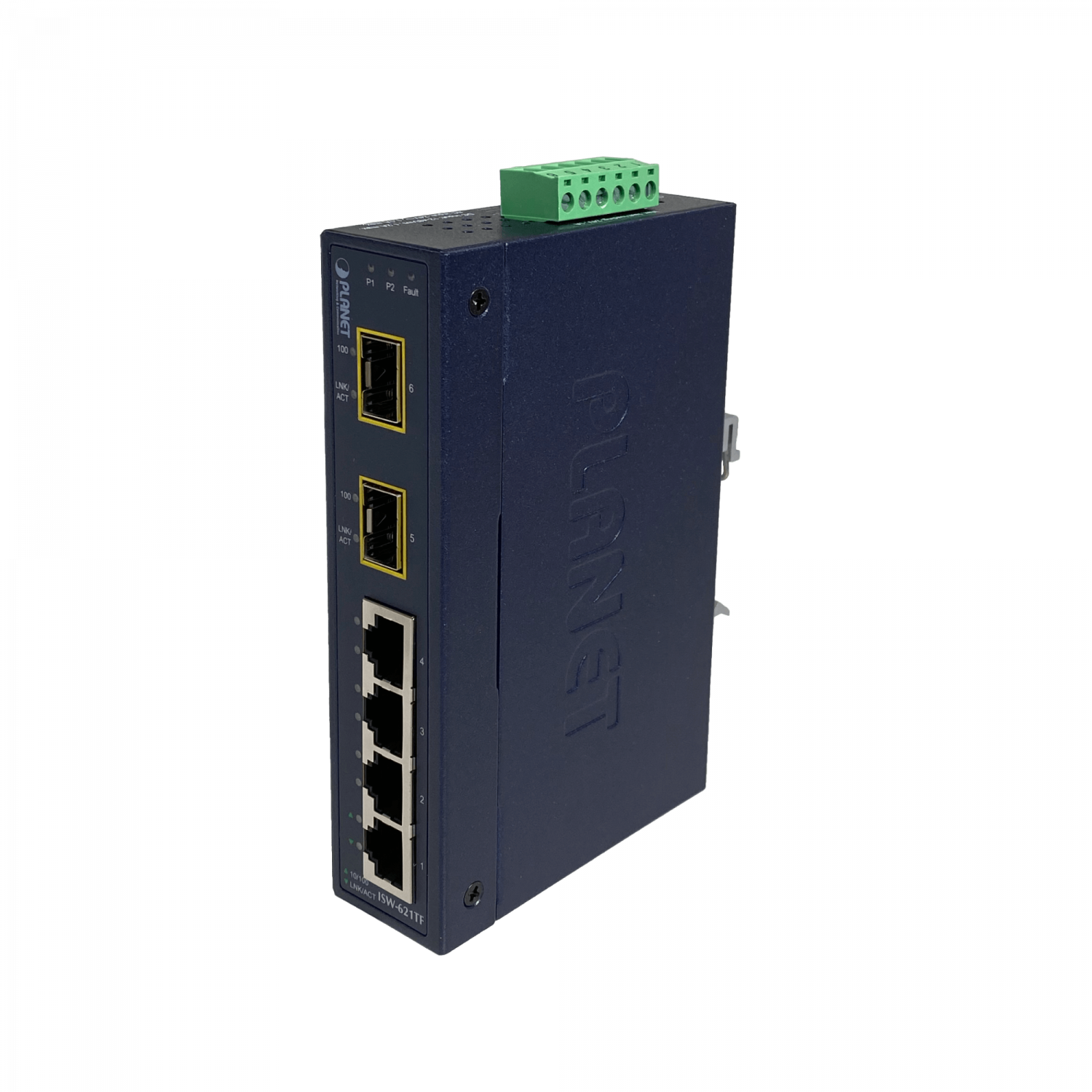 201916 ISW-621TF ISW-621TF. PLANET 4-100 2-SFP-100 Switch Industrial no-Admin Riel-DIN 12-48VDC/24 - Imagen 1