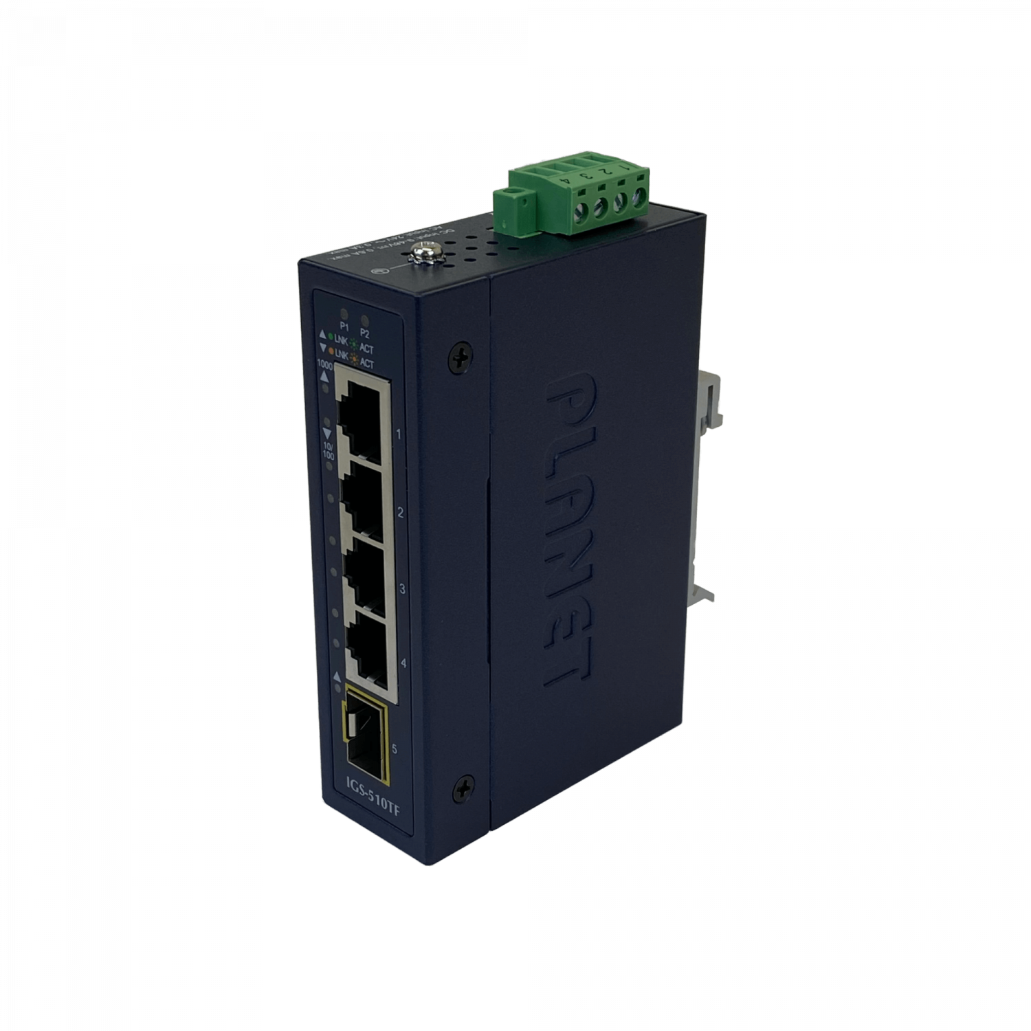 201932 IGS-510TF IGS-510TF. PLANET 4-1000 1-SFP IP30 Switch Industrial Riel-DIN Gigabit req/12-48V - Imagen 1