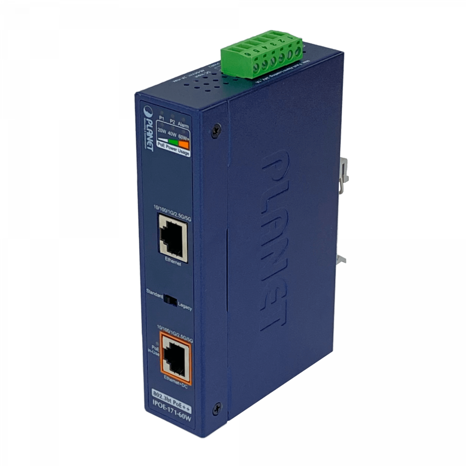 201938 IPOE-171-60W IPOE-171-60W. PLANET Inyector Riel-Din PoE+ 802.3at 60W 2-RJ45 Gigabit req/48-56VDC - Imagen 1