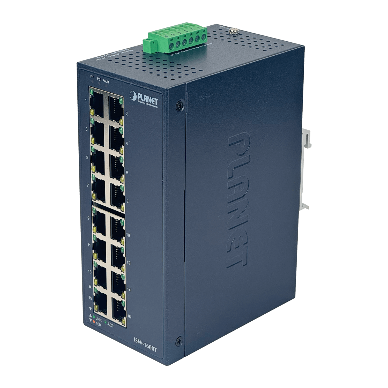 201940 ISW-1600T ISW-1600T. PLANET 16-100 Switch Industrial Riel-DIN no-Admin req/12-48VDC/24VAC - Imagen 1