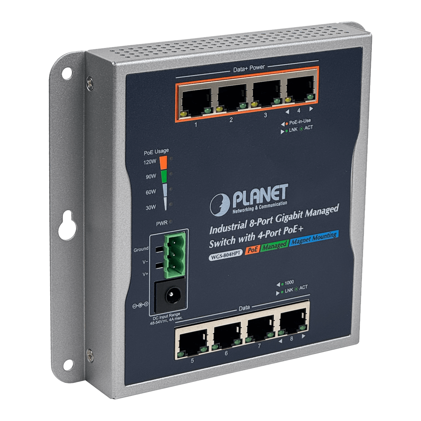 201941 WGS-804HPT WGS-804HPT. PLANET 8-1000 4-PoE+120W-total Switch Indust Admin Riel-DIN 48/54VDC - Imagen 1