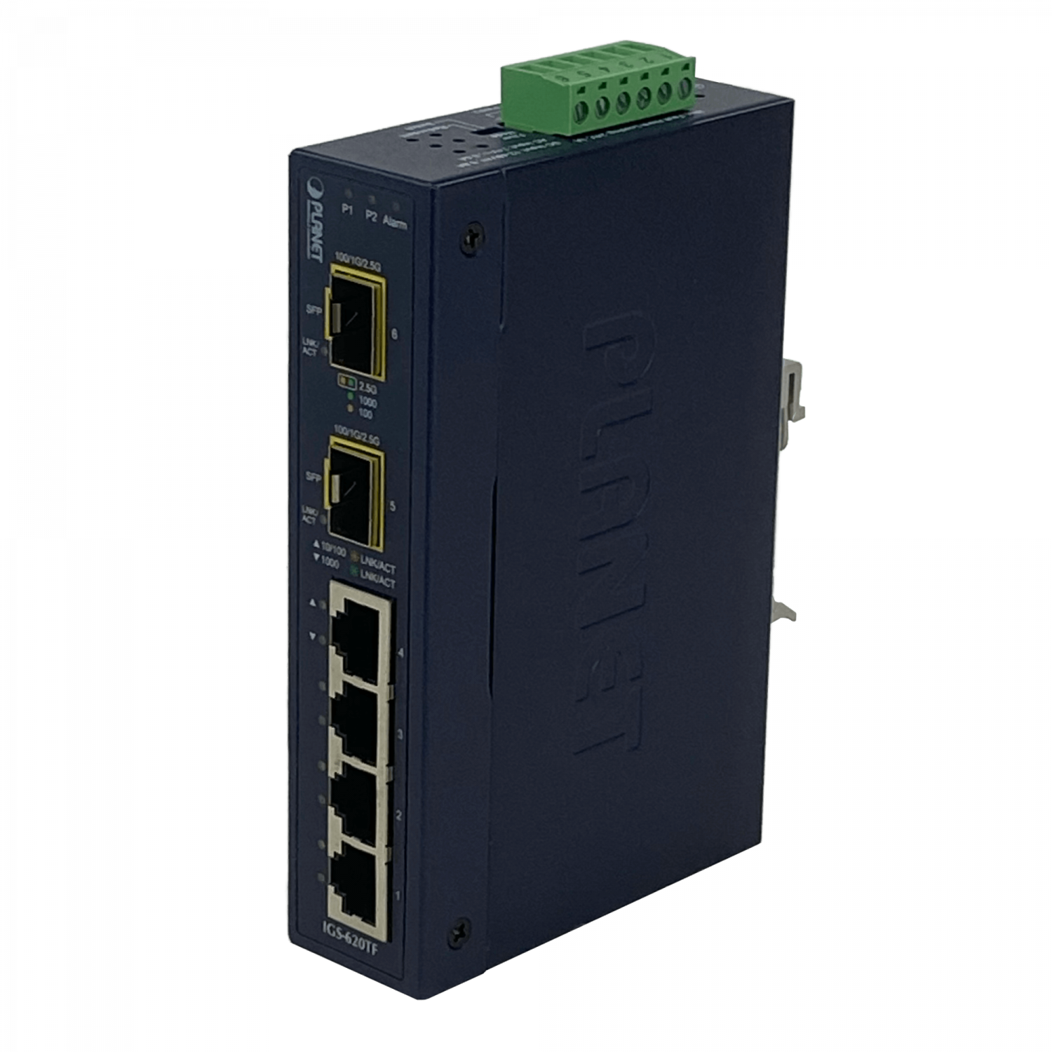 201943 IGS-620TF IGS-620TF. PLANET 4-1000 2-SFP Switch Industrial no-Admin Riel-DIN 12-48VDC 24VAC - Imagen 1