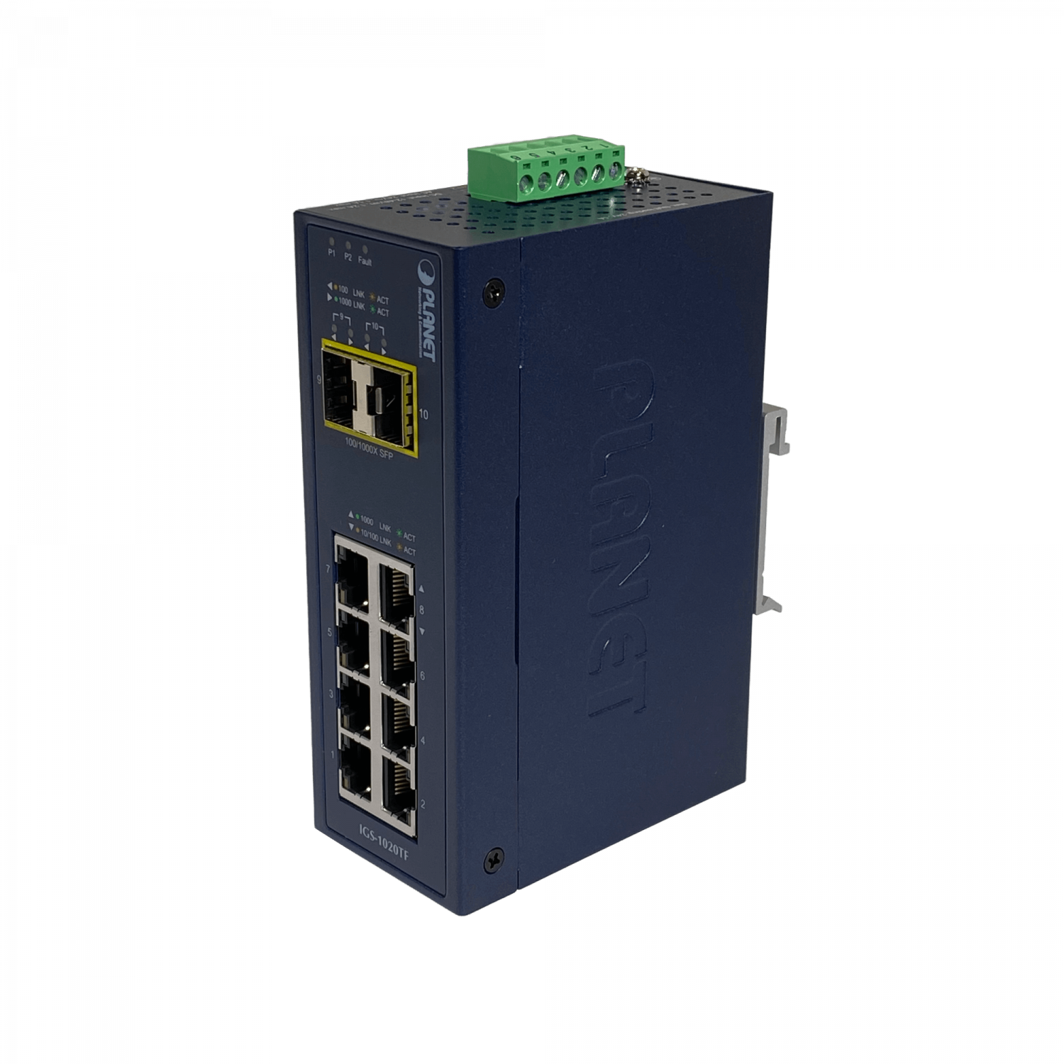 201945 IGS-1020TF IGS-1020TF. PLANET 8-1000 2-SFP Switch Industrial no-Admin Riel-DIN 12-48VDC 24VAC - Imagen 1