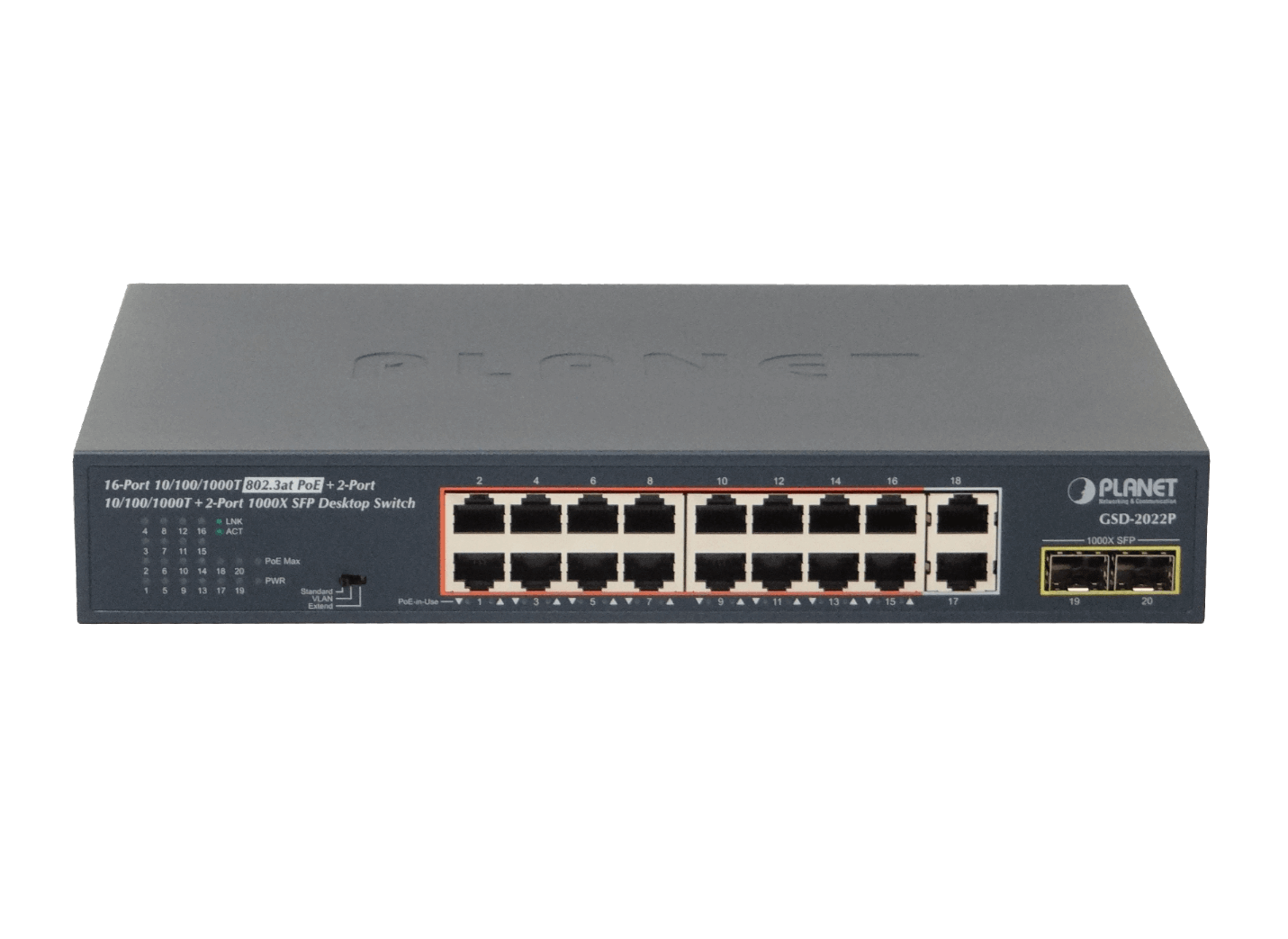 201949 GSD-2022P GSD-2022P. PLANET 18-1000(16-PoE+af/at) 185W-tot 2-SFP Switch Rack19p 20-puertos - Imagen 1