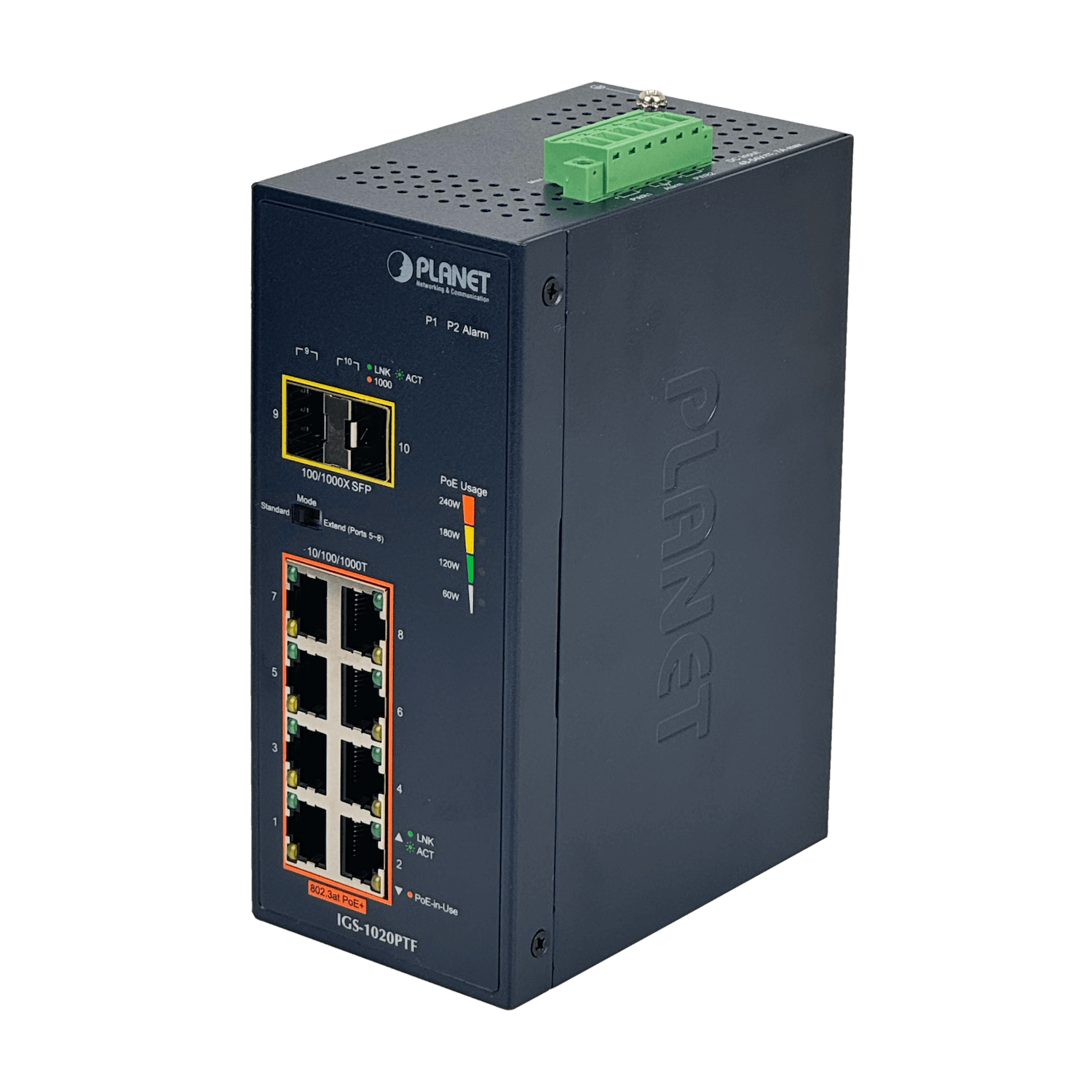 201956 IGS-1020PTF IGS-1020PTF. PLANET 8-1000-PoE+ 2-SFP 240W Switch Indust Admin Riel-DIN 48/54VDC - Imagen 1