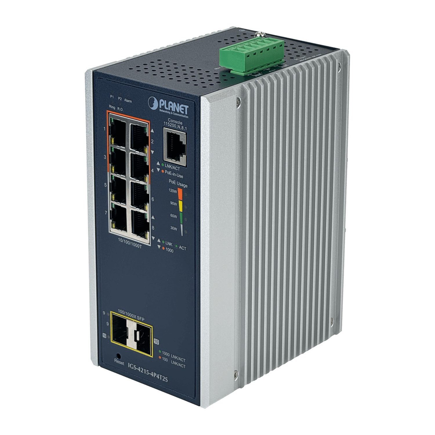 201964 IGS-4215 IGS-4215. PLANET 8-1000(4PoE-at) 2-SFP 144W-tot RielDIN Switch Industrial 4P4T2S - Imagen 1