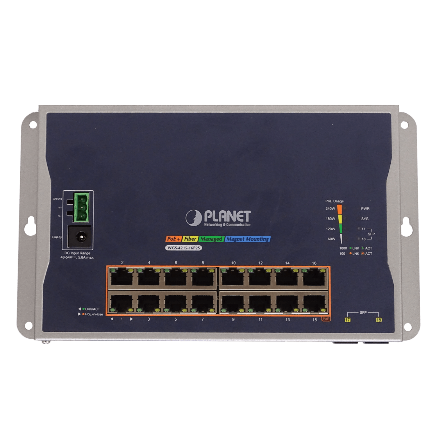 201967 WGS-42 WGS-42. PLANET 16-1000-PoE+ 2-SFP 240W Switch Indust Admin Riel-DIN 48/54VDC - Imagen 1