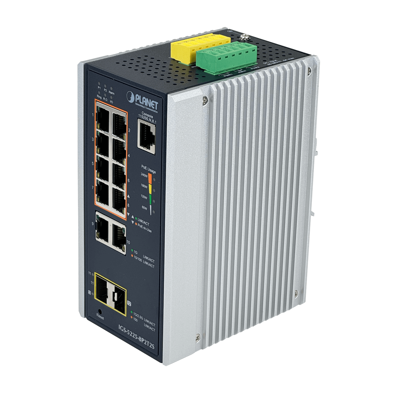 201971 IGS-5225 IGS-5225. PLANET 8-1000-PoE 2-1000 2-SFP 240W-tot RielDIN Switch Indust 8P2T2S - Imagen 1